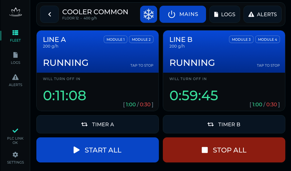 Machine page: two ozone lines running, each with an on/off cycle timer counting down